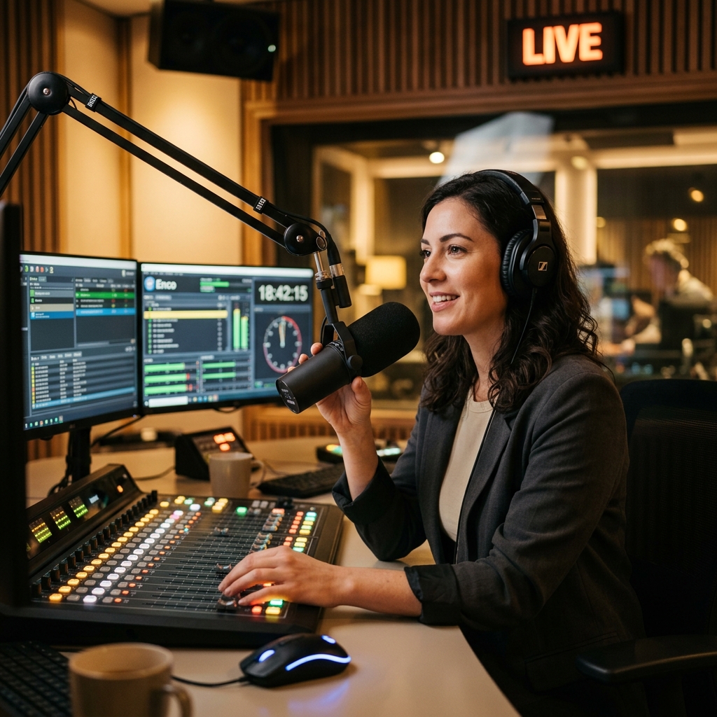 Locutor operando a transmissão nos estúdios da Rádio Maná FM